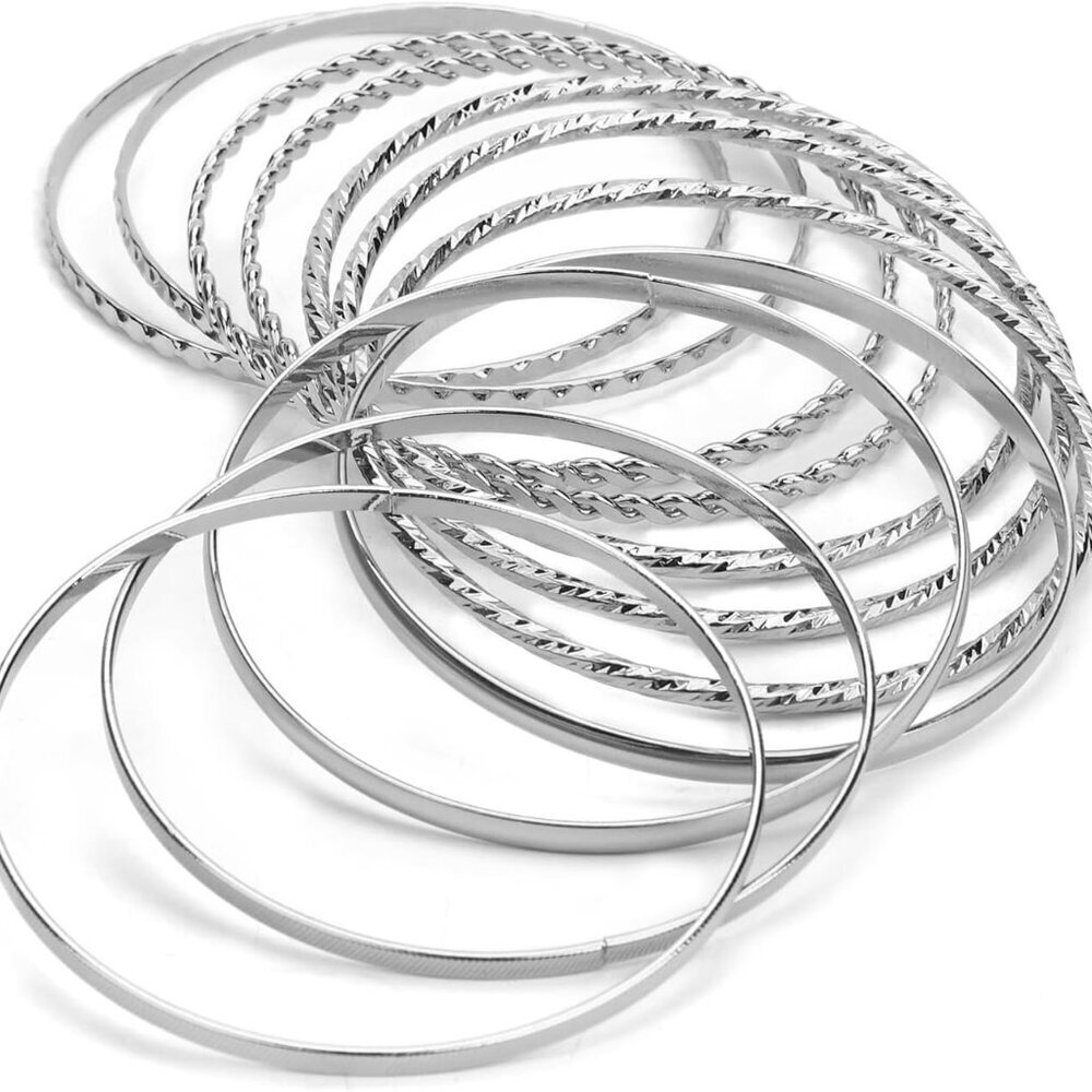 12pcs Boho Bangles For Women, Silver Bracelets Stackable Bracelets Trendy Layere